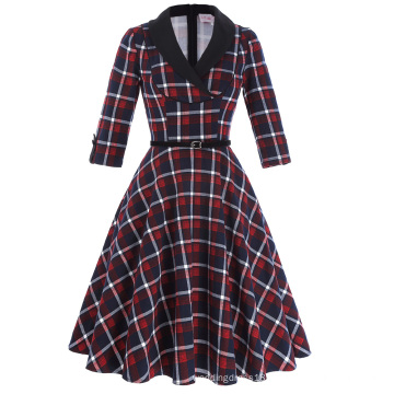 Belle Poque Retro Vintage Grid Pattern 3/4 Sleeve Lapel Collar Cotton Swing Party Picnic Dress BP000259-1